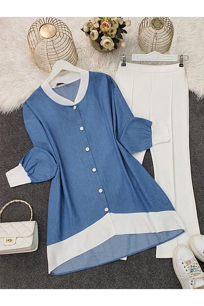 Modamorfo Buttoned Denim Tunic with Ribbed Collar and Hem - Blue