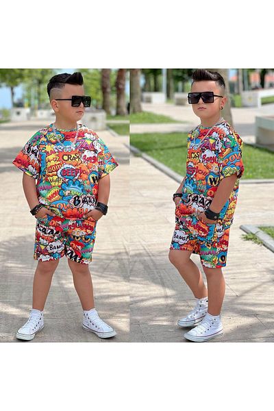 TRENDİMİZBİR Set pantaloni scurți oversize imprimați pentru băiat