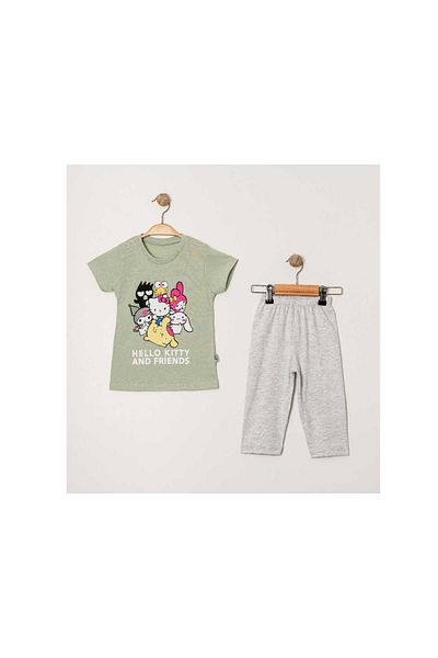 TRENDİMİZBİR Girl's Cute Characters Printed Green Short Sleeve T-Shirt Gray Leggings Bottom Top Set