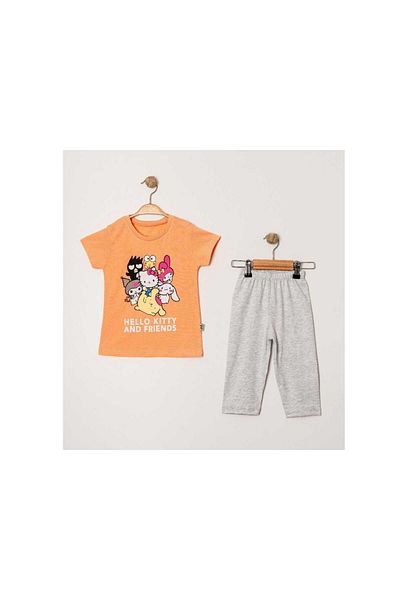 TRENDİMİZBİR Girl's Cute Characters Printed Orange Short Sleeve T-Shirt Gray Leggings Bottom Top Set