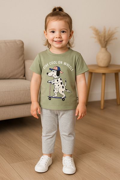 TRENDİMİZBİR Girl's Stay Cool Printed Gray Summer Top and Bottom Set