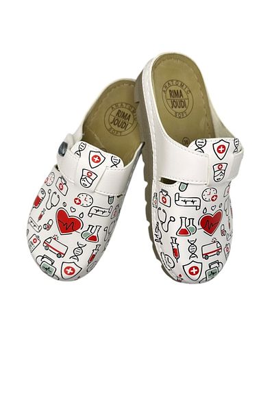 TECOS Women's Sanitary Clogs - White With Medical Print, Size 41, 26 Centimeters