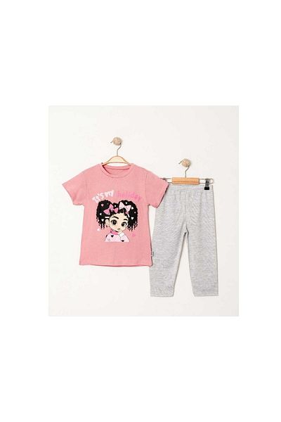 TRENDİMİZBİR Girl's Holiday Printed Ribbon Patterned Girl Character Pink Gray Summer Bottom Top Suit