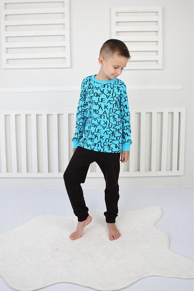 TRENDİMİZBİR Turquoise Letter Patterned Sweatshirt and Black Pajama Set - 8-12