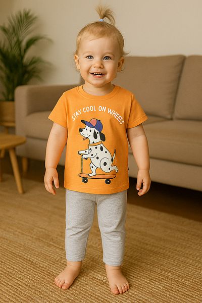 TRENDİMİZBİR Girl's Stay Cool Printed Orange Summer Top and Bottom Set