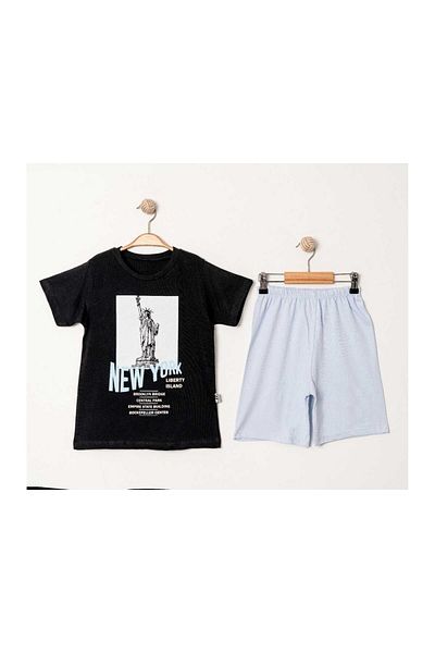 TRENDİMİZBİR Set de top pentru băieți cu imprimeu New York Statuia Libertății, tricou negru și pantaloni scurți albaștri
