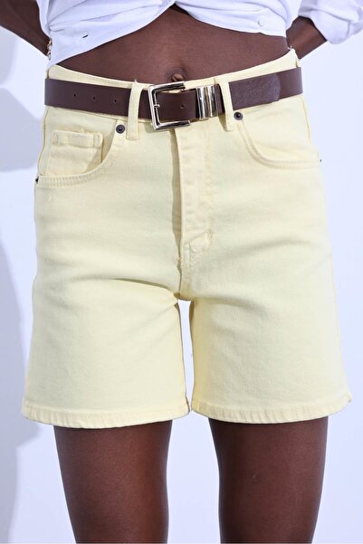 5in1Canpolat Sarı Yüksek Bel Şehir Boy Denim Şort