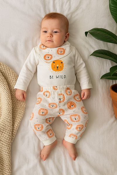 TRENDİMİZBİR Baby Boy Bib Be Wild Lion Printed White Bottom Top Set