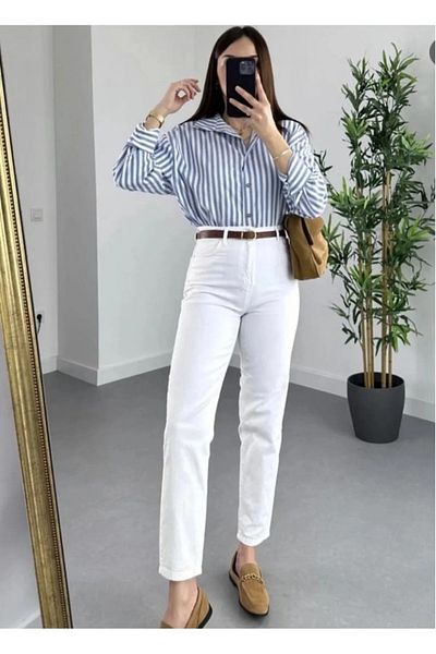 TugsatTasarTekstil Prague White Boyfriend Mom Jean Women's Relaxed Jeans