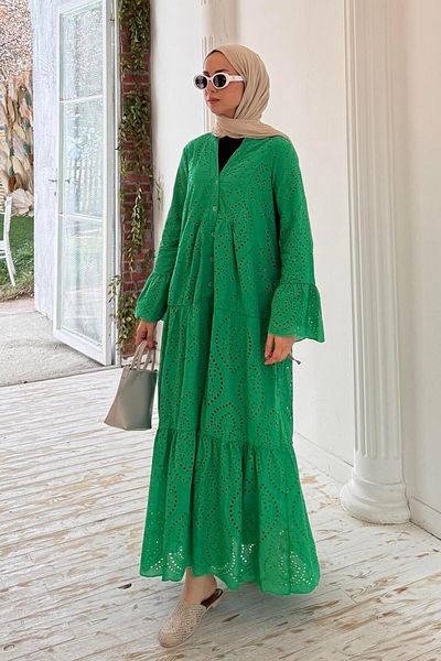 lamelif Buttoned Floral Embroidered Scallop Dress Green