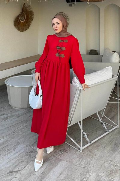 lamelif Leather Detailed Hijab Dress Red