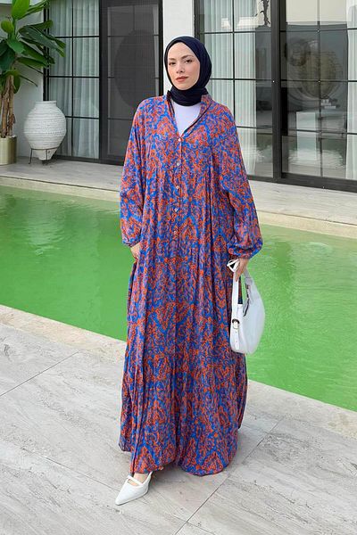 lamelif Φόρεμα Hijab με έθνικ μοτίβο με νυχτερίδα Indigo