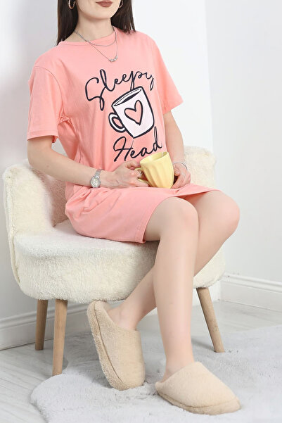 sevateks فستان نوم Tunik Relax Mold ملابس منزلية مطبوعة من الأمام، تنورة بيضا...