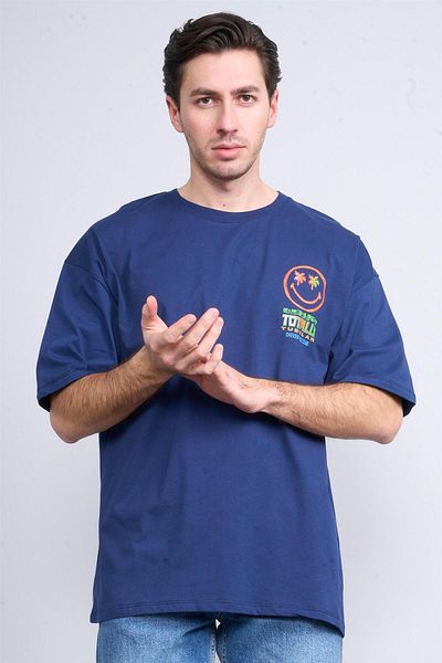 Çetinkaya Çetinkaya Chester Polo 3847 Crew Neck Combed Cotton Regular Printed T-Shirt Light Navy Blue