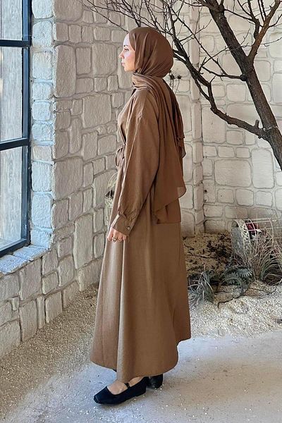 lamelif Front Button Closure Hijab Dress Chocolate Brown