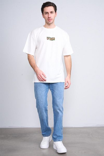 Çetinkaya Çetinkaya Chester Polo 3835 Crew Neck 30/1 Combed Oversize Printed T-Shirt Cream