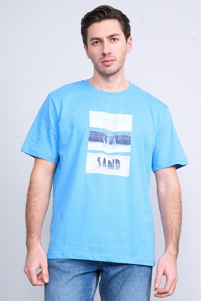 Çetinkaya Tricou Çetinkaya Chester Polo 3867 Crew Neck 30/1 din bumbac pieptănat cu imprimeu obișnuit Albastru
