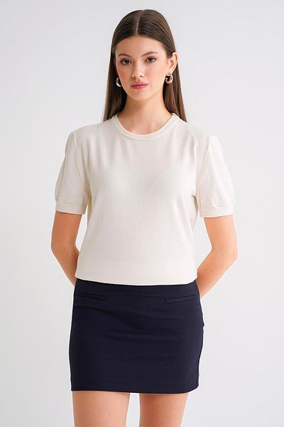Mixray 6935 Women's Basic Knitwear Short Sleeve Sweater Natural