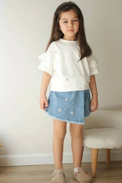 Kidmark Çocuk Modası Girl's Stone Detailed Denim Skirt Set