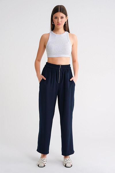 Mixray 4669 Women's Zipper Detailed Elastic Waist Regular Trousers Navy Blue