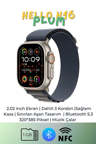 GoMarkt Hello Watch H16 Ultra Akıllı Saat 1GB/NFC/Müzik Çalar/2.02 Inch