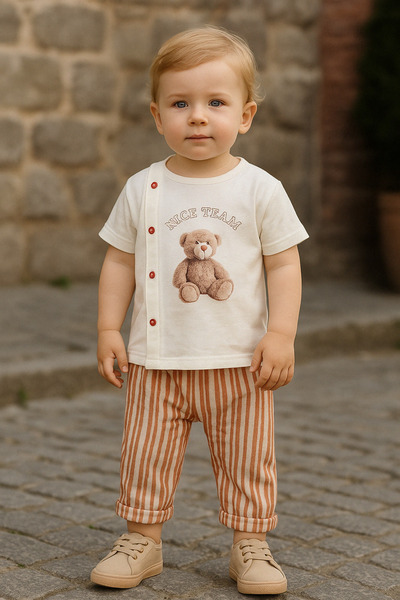 TRENDİMİZBİR Erkek Bebek Çizgili Teddy Yazlık Müslin Takım