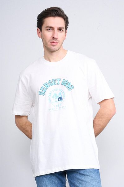 Çetinkaya Çetinkaya Chester Polo 3838 Crew Neck 30/1 Combed Regular Printed T-Shirt Cream
