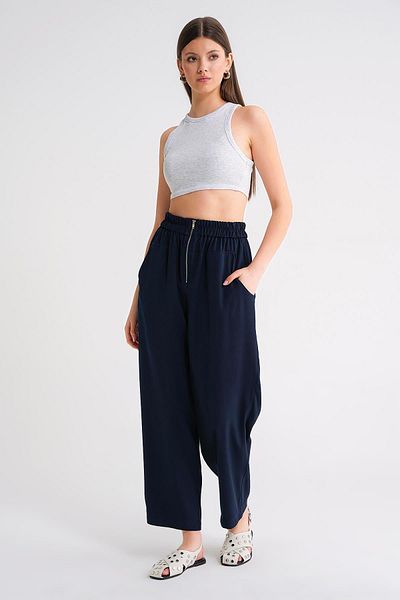 Mixray 4669 Women's Zipper Detailed Elastic Waist Regular Trousers Navy Blue