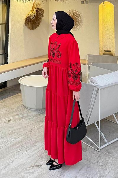 lamelif Tulip Embroidered Hijab Dress Red