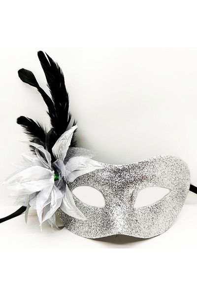 Skygo Silver Color Metallized Glitter Look Shiny Feather Party Mask 22X19 cm