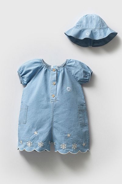 Noy Noy Baby Girl Denim Overalls with Bucket Hat Accessories