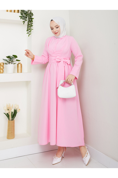 Giza Giyim Kadın Standart Yaka Düğmeli Sabit Kuşaklı Salaş Kol Tesettür Elbise