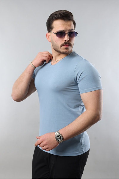 STOCX Erkek %100 Pamuk Slim Fit Dar Kesim V Yaka Basic Tişört