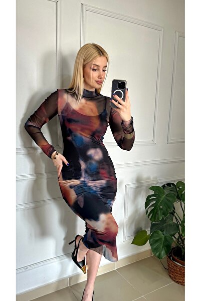 FİOXCO Φόρεμα μεσαίου μήκους από τούλι με εσωτερική επένδυση με σχέδιο Solwe