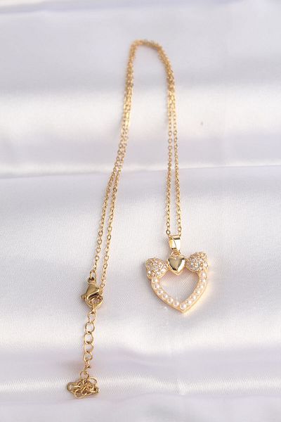 Skygo 316L Steel Chain Gold Color Pearl Stone Detail Zircon Stone Heart Necklace - Tj-Bko8630