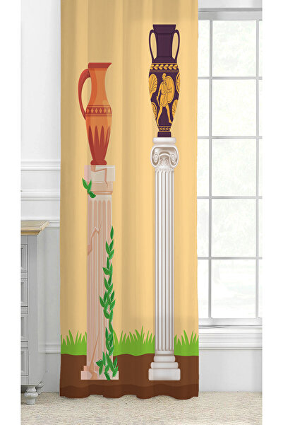 GREENDECOR Ethnic Roman Antique Vase Leaf Corn Patterned Bohemian Special Design Digital Printed (Single Wing) Background Curtain