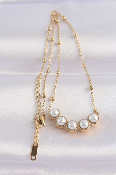 Skygo 316L Steel Chain Gold Color Row Pearl Rhinestone Necklace - Tj-Bko8655