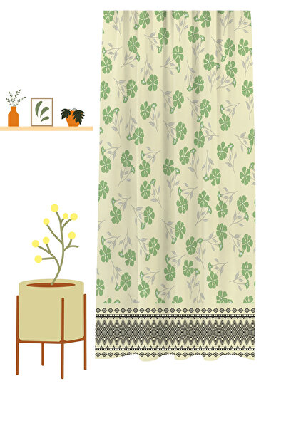 GREENDECOR Flowers Leaf Square Geometric Lines Patterned Custom Design Digital Printed (Single Wing) Background Curtain