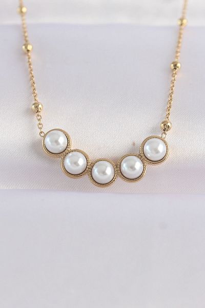 Skygo 316L Steel Chain Gold Color Row Pearl Rhinestone Necklace - Tj-Bko8655