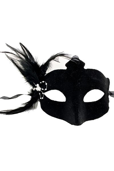 Skygo Black Color Side Feather Suede Coated White Pearl Party Mask 18X15 cm