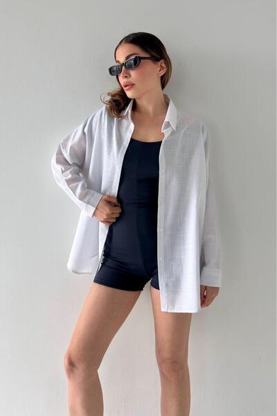 NUDEQUEEN Oversize Keten Dokulu %100 Pamuk Salaş Gömlek