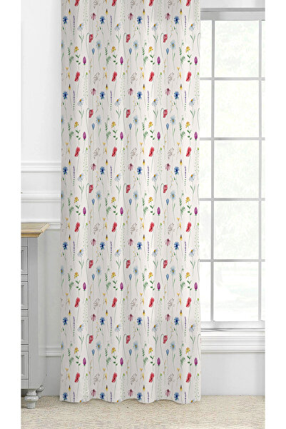 GREENDECOR Flowers Leaf Square Geometric Lines Patterned Custom Design Digital Printed (Single Wing) Background Curtain