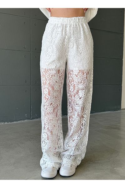 Zey Studio Women's White Lining Detailed Lace Trousers