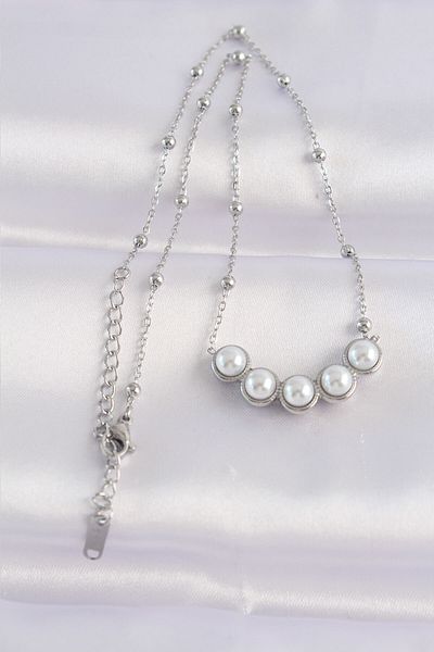 Skygo 316L Steel Chain Silver Color Row Pearl Rhinestone Necklace - Tj-Bko8654