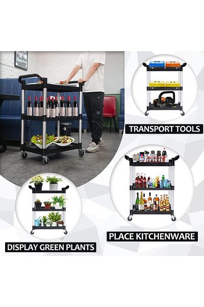 BUNCA Heavy Duty 3-tier Rolling Plastic Serving Cart For Restaurants And Office With 4 Lockable Wheels