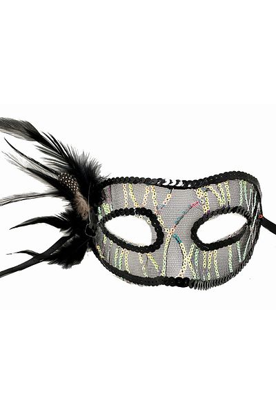 Skygo Black Color Side Feather Sequin Sequin Embroidered Party Mask 23X12 cm