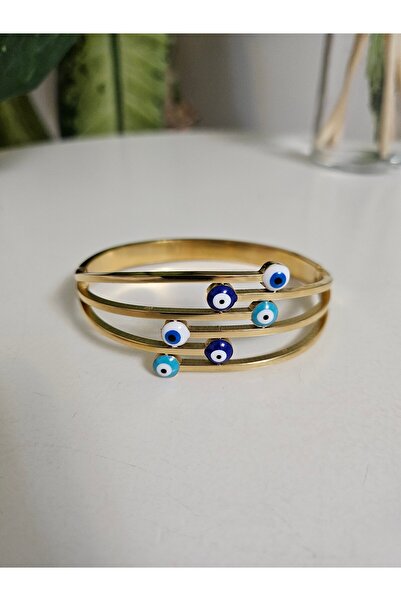 Tasarım Nazar Boncuklu Gold Çelik Kelepçe Bileklik