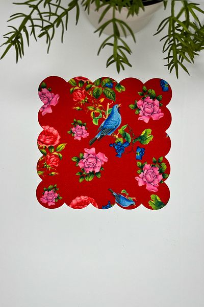 DECO Vanilla Red Background Blue Bird Patterned Digital Printed Laser Cut Cocktail Napkin