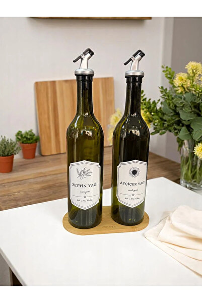 safestore Amber Set of 2 750 Ml Olive Oil Oil Bottles with Wooden Stand - Labeled Glass Oil Bottles with Wooden Base