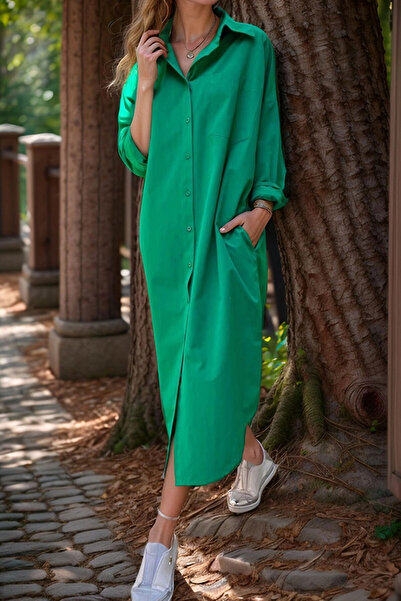 bacc Kadın Yeşil Poplin Uzun Cepli Gömlek Elbise Bcbsk-25700-3555
